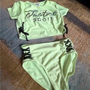 Justice Neon Lime Green Lace-Up Two-Piece Kids Swim Set size 12/14